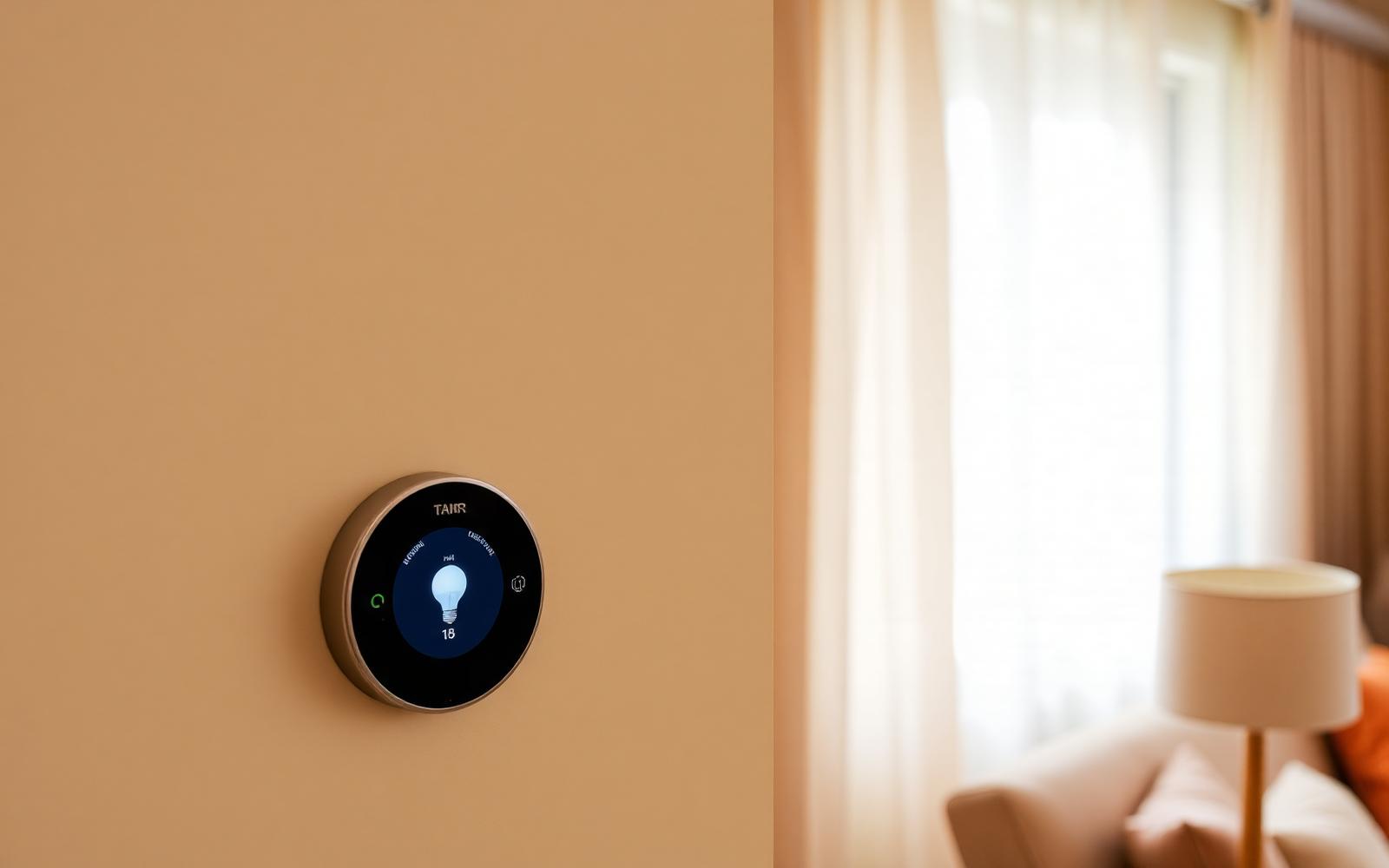 Smart thermostat mounted on a warm interior wall next to a sunlit living room window