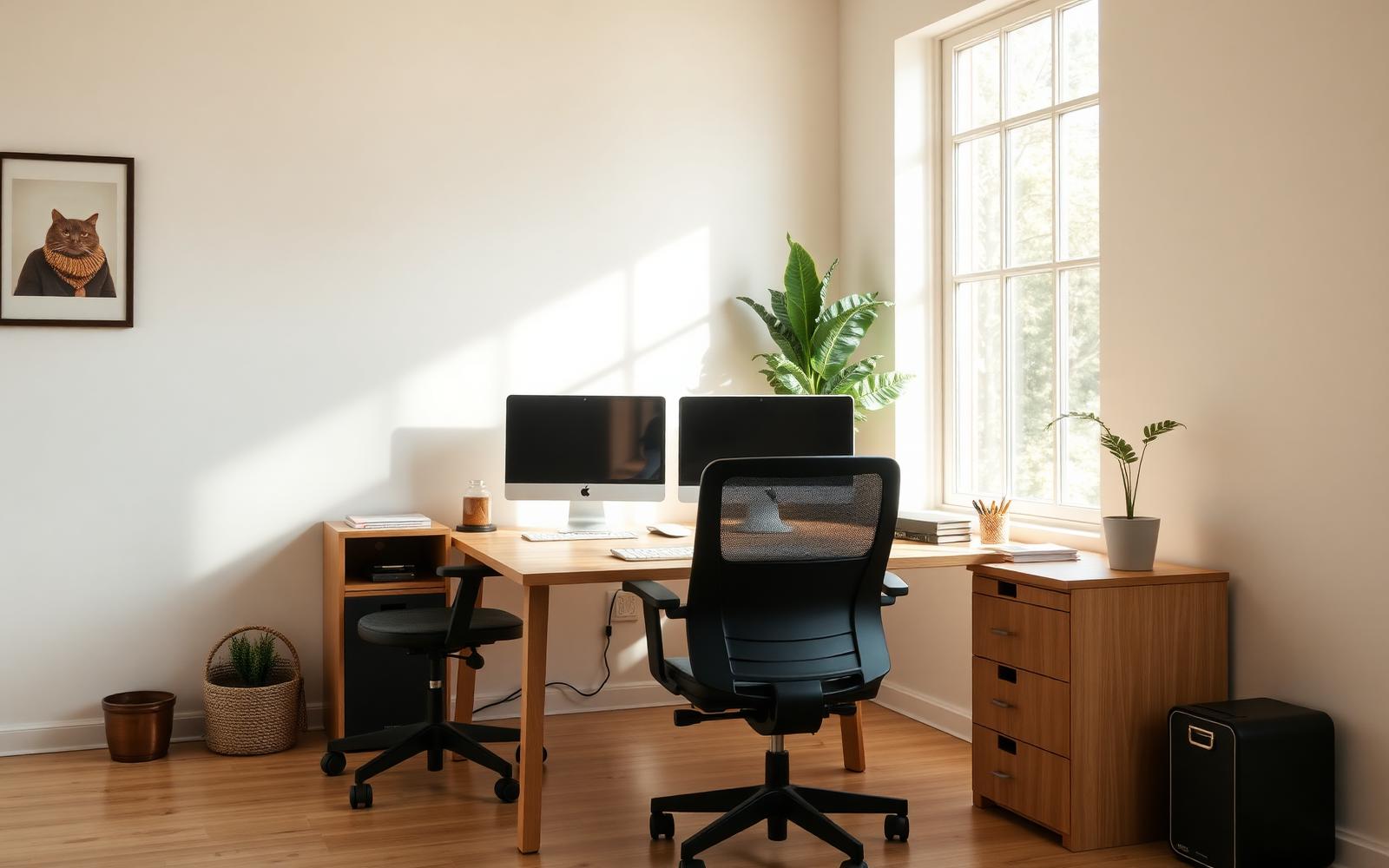 Bright home office with a light oak desk, ergonomic mesh chair and dual monitors by a sunny window